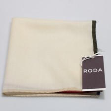 Roda NWT Wool / Silk Blend Pocket Square In Beige with Multicolor Border