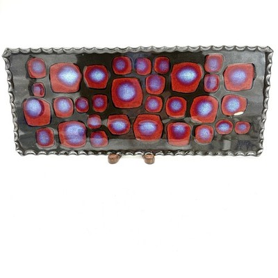 Julie Bond Signed Pottery Rectangle Serving Dish Platter Tray Red Blue Circle