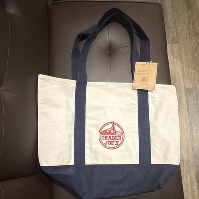 Trader Joe's Reusable Large Tote Bag White/Blue 45 qt 20x15x6 Logo