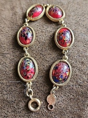 Vintage Accessocraft NYC Gold Tone  Red Mosaic Statement Link Bracelet 7 inch
