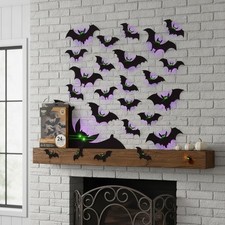 24 Pack Halloween Bat Wall Stickers, Glow in the Dark Eyes, Black PVC, 4 Style