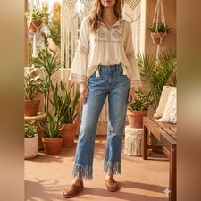 Anthropologie Pilcro Hyphen Mid Rise Straight Leg Jeans 29 Fringe Hem Boho