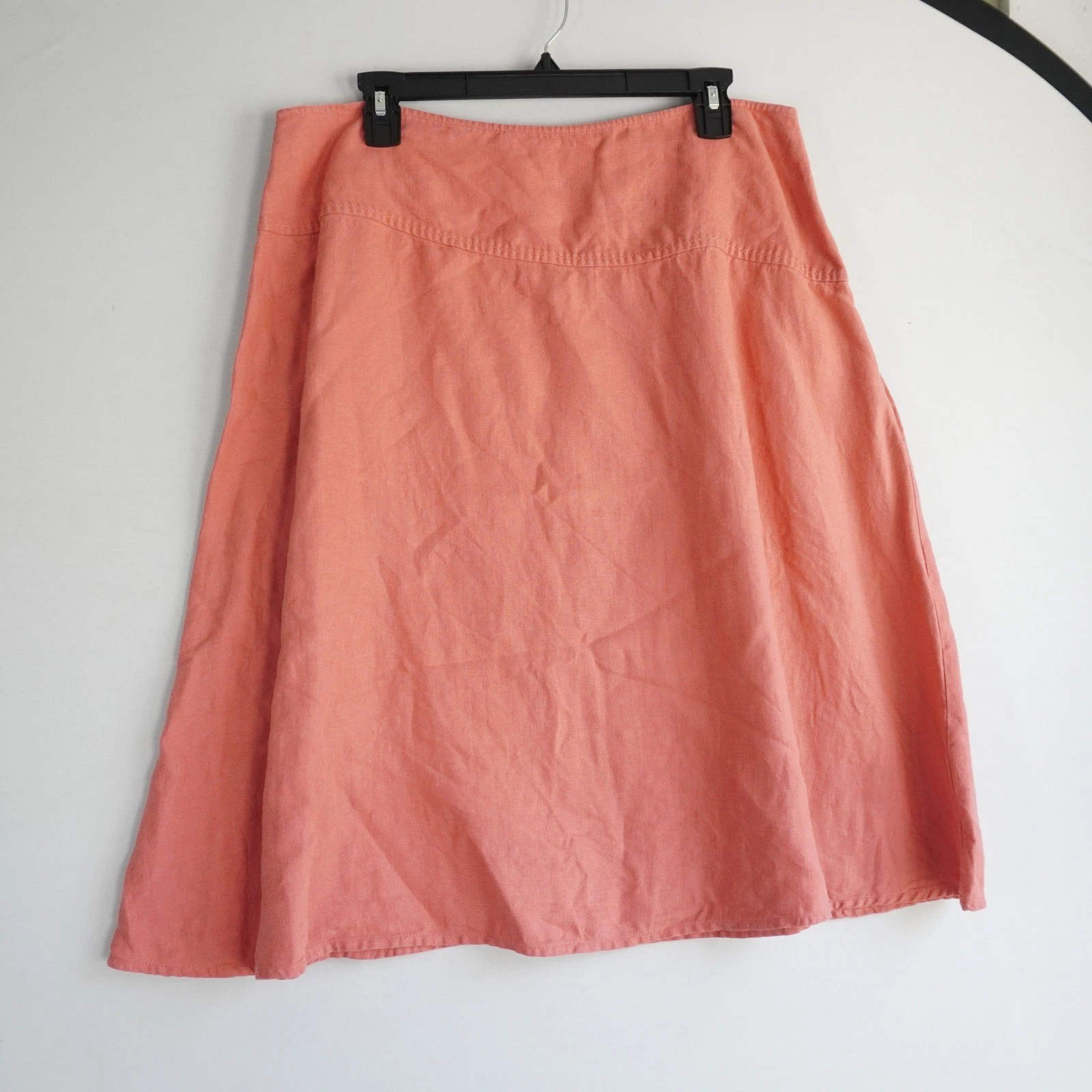 Eileen Fisher Coral Pink 100% Linen A-Line Knee Length Skirt Womens Large L