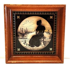1935 Reverse Painted Silhouette on Glass, Deep Wood Frame The Knitter in Holland