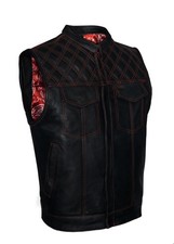 custom made Black Leather Vest Motorcycle Concealed Paisley Lining Waistcoat