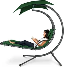 Outdoor Hanging Chaise Lounge Chair Swing w/Built-in Pillow/Canopy - Green