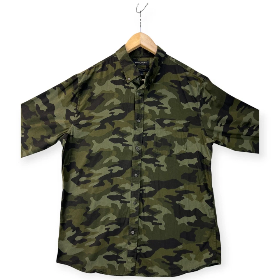 Camisa Camuflada Banana Republic Para Hombres Talla Grande Franela de Lujo Desacogida Calce Ajustado Oxford Foto 3 de 4