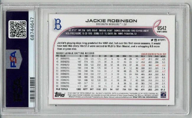 2022 TOPPS UPDATE #US42 JACKIE ROBINSON CARD DODGERS PSA 10 SP LOW POP VERY RARE - Image 2 of 2