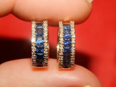 Sapphire Huggie Hoop Earrings 2 Ct Princess Lab Created 14k Yellow Gold Over