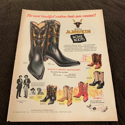 Vintage Magazine Ad Advertisement Golden Angus Acme Country Boots 