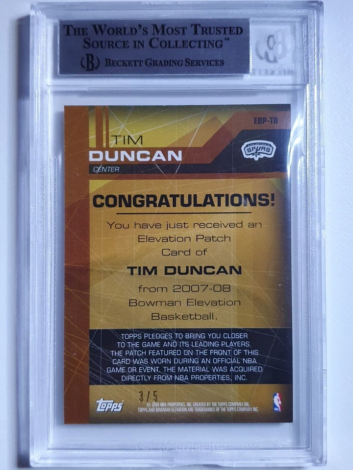 2007 Bowman Elevation Tim Duncan #PATCH GREEN /5 Game Jersey  - BGS 9 (POP 1) - Image 4 of 4
