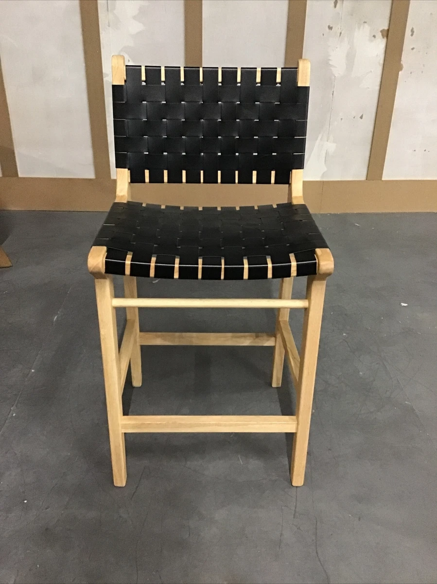 Bar Stool Black Leather Woven Seat With Light Wood Frame 63cm