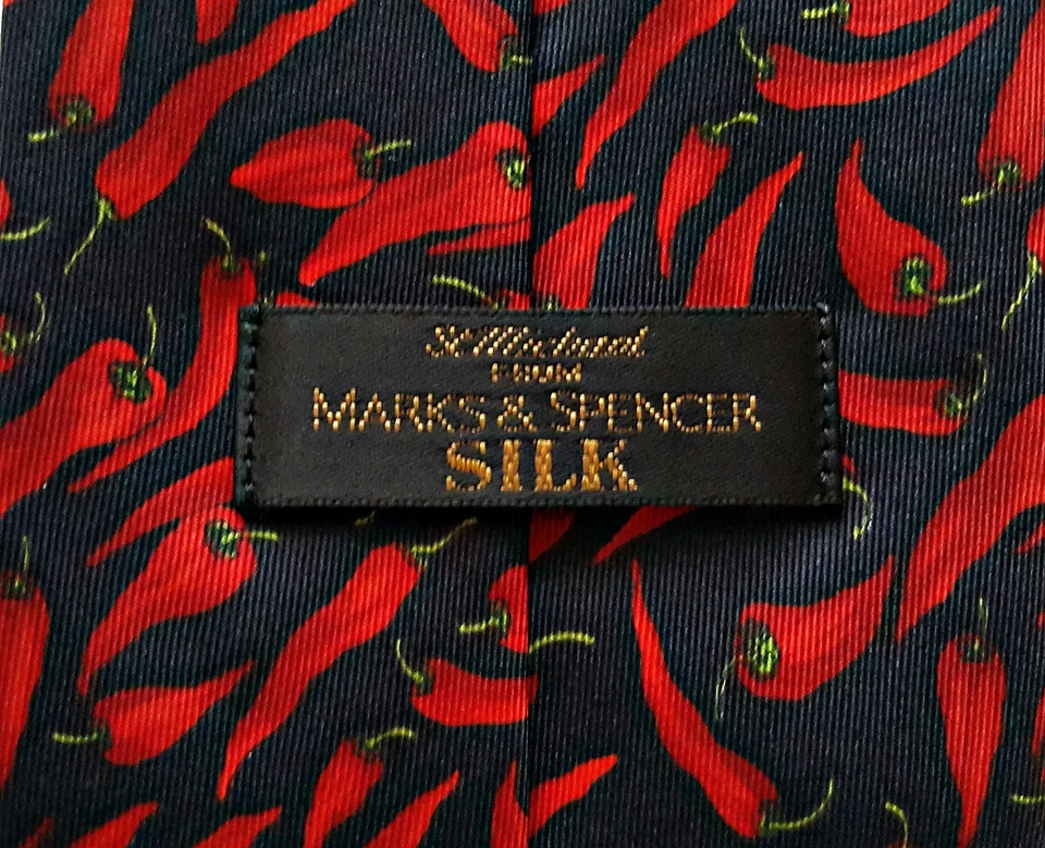 CORBATA DE HOMBRE VINTAGE AUTÉNTICA MARK & SPENCER CHILE ROJO PIMIENTOS SEDA AZUL Foto 4 de 4