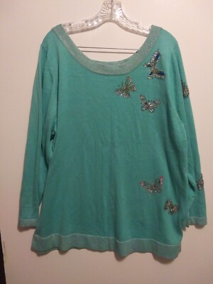 Vintage Nolan Miller Glamour Style Sweater, 1X, Aqua, Beaded Butterflies |  eBay