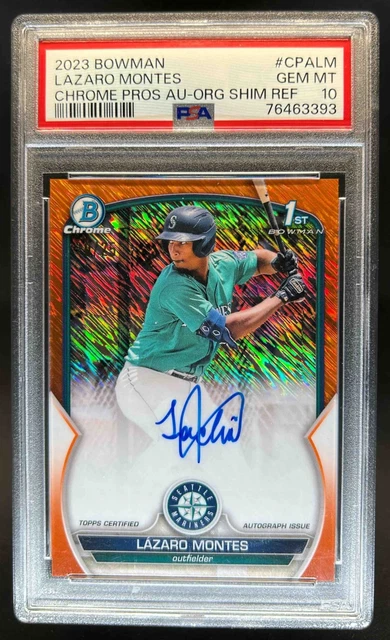2023 Bowman Lazaro Montes Chrome Auto Orange Shimmer Refractor 1st #/25 PSA 10