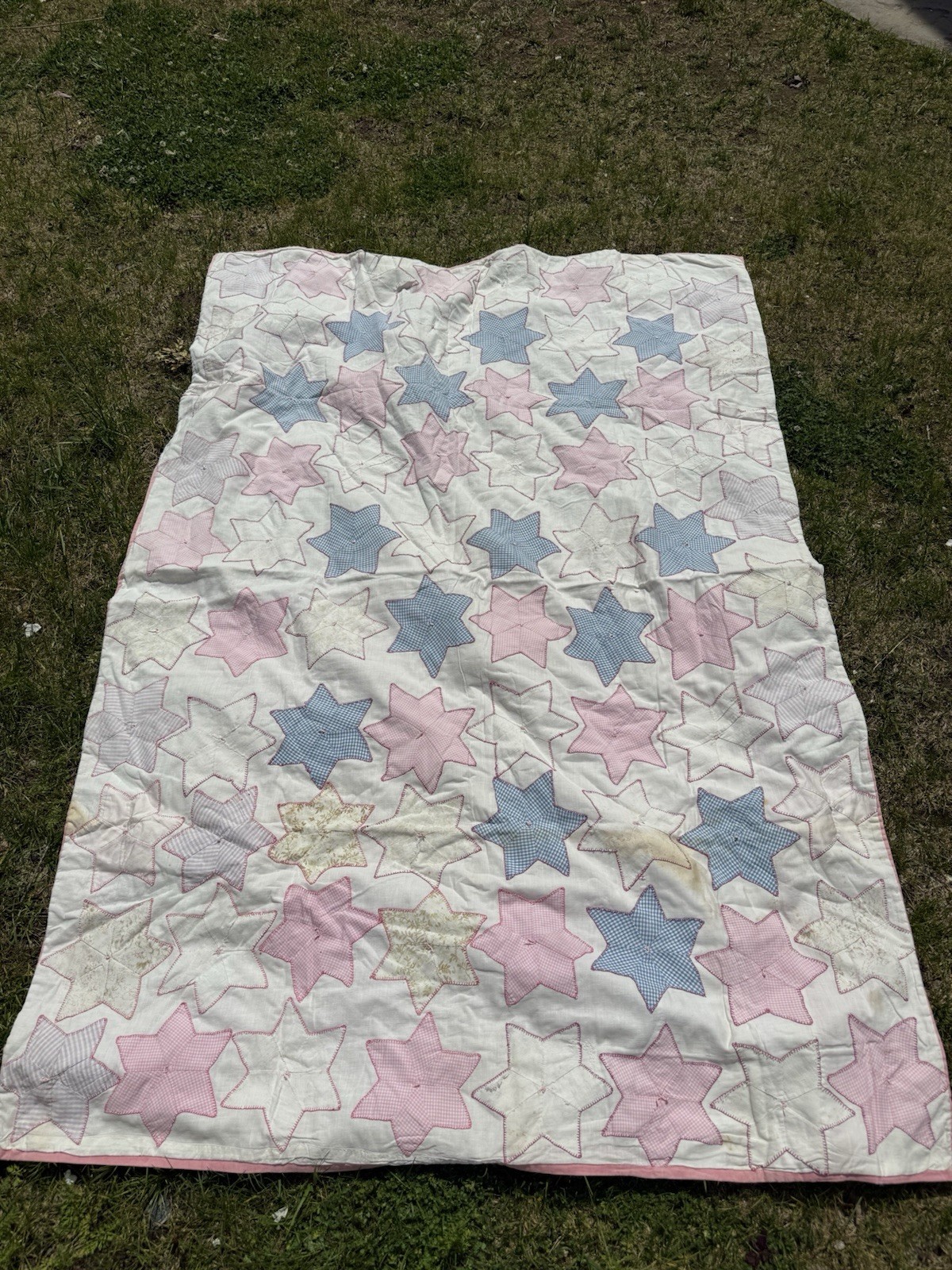 Antique Vintage Hand Applique Star Quilt 50x73 Pink Blue Gingham Cottagecore