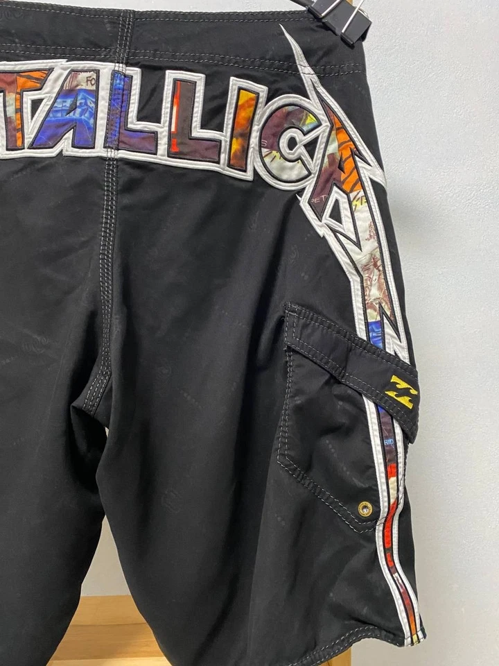 Y2K Billabong Metallica Board Shorts Talla 32 Negro Edición Limitada De Colección Surf Foto 4 de 4