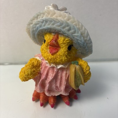 Vintage Easter Chick Figurine Pink Dress Bonnet Resin 4.25  Spring Decor