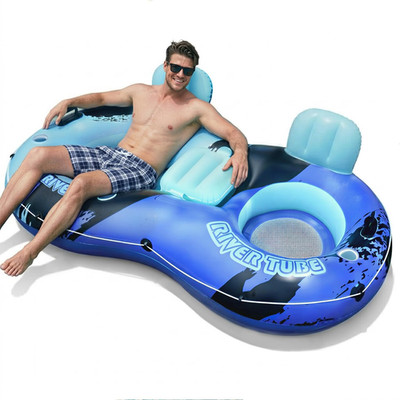 Heavy Duty 2-Person Inflatable River Tube - Blue Double Floating Tube with Backr