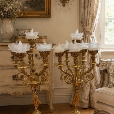 Pair Vintage Figural Candelabra Lamps Gilt Metal Marble Floral Shades 33 