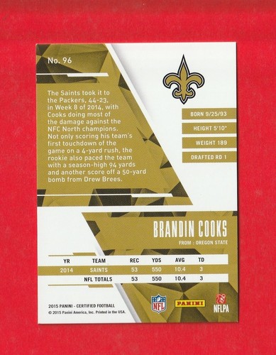 2015 Panini Certified Mirror Red Brandin Cooks #d 19/99 New Orleans Saints - Bild 2 von 2