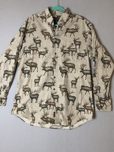 Woolrich Flanellhemd Herren L Elch All Over Print Hütte Jagd Outdoor Knopfleiste