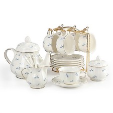 23 Pcs Floral Tea Sets with Metal Holder, Relief Gold Rim Porcelain Tea Sets ...