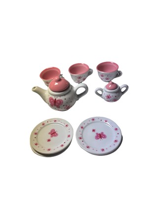 TOY Schylling Tea Set BUTTERFLY PINK FLOWERS 17 Pieces W/ Wicker Type Basket