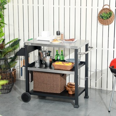 Movable Stainless Steel 3-Shelf Outdoor Grill Cart w/ Side Handle
