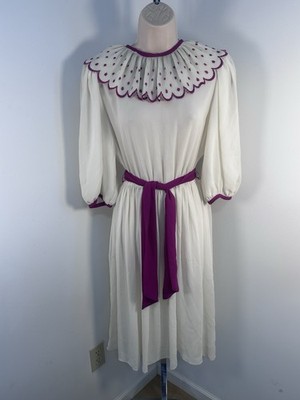 Vintage Vicky Vaughn magenta pink/ivory Fit Flare Dress S pleated polka dots