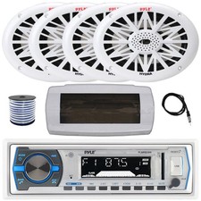 Pyle Bluetooth Marine Receiver, Cover, Antenna, Wire, 4x 6x9" 260W White Speaker