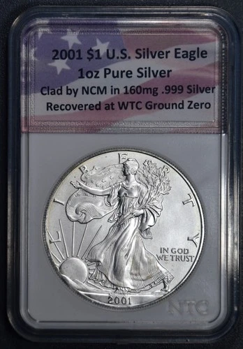 2001 $1 AMERICAN SILVER EAGLE UNC w/Silver WTC Ground Zero 1oz 999 BU A6371