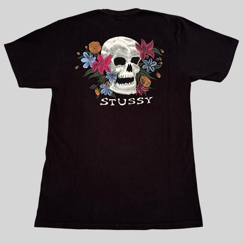 Stussy Shirt Mens M Hippy Skull and Flower Black Big Logo Y2K Double Sided - Picture 2 of 8