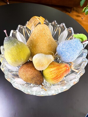 6 Vintage Sugar Beaded PEARS Christmas Ornaments Artificial Fruit Table Decor