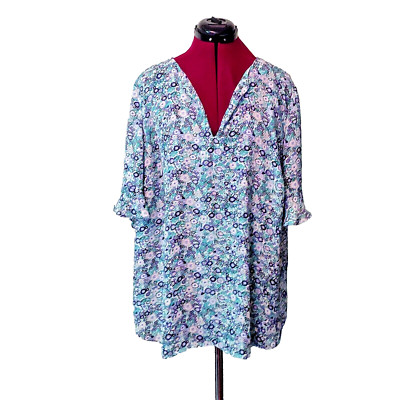 Roz & Ali Women s Blouse 1X Multicolor Floral Print Bell Short Sleeve Top