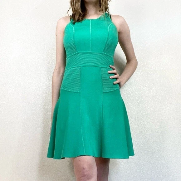 Milly Bright Green Ribbed Sleeveless Structured Fit Flare Mini Dress Size M