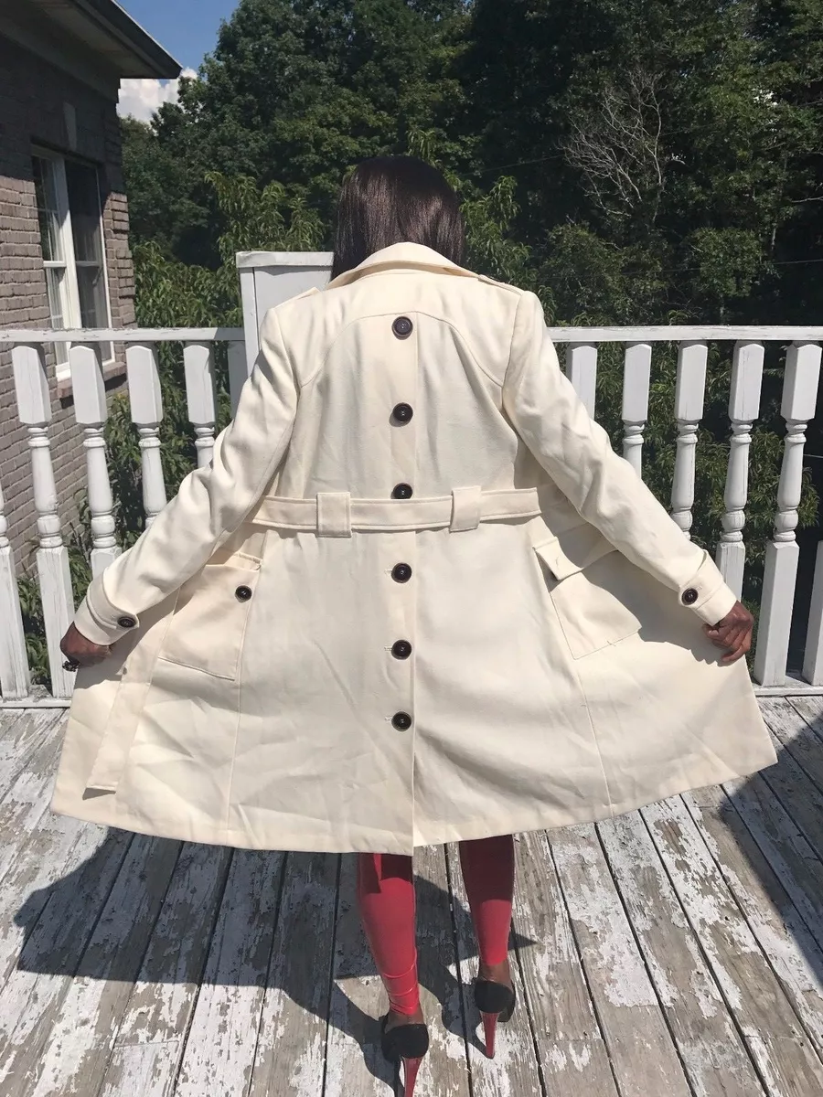 Belted Designer Via Full length White cream color wool blend coat Jacket S 2