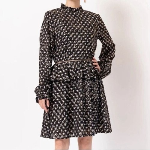 STINE GOYA CHRISTINE BLACK GOLD STAR PRINT LONG SLEEVE RUFFLE DRESS WOMENS SMALL - Picture 13 of 14