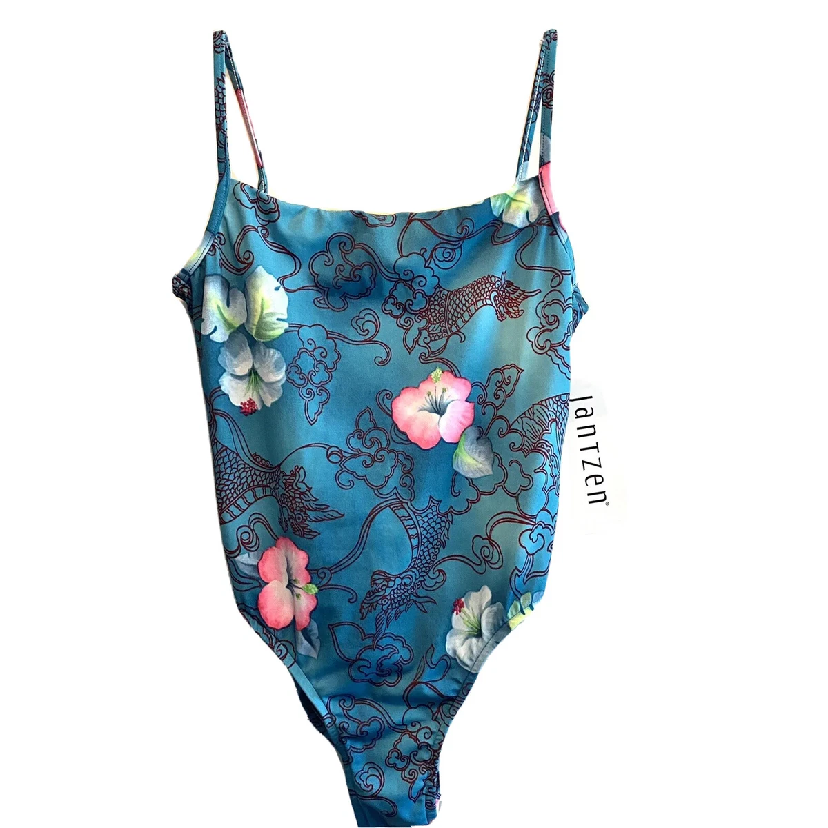 NEW Jantzen One Piece Swimsuit Size 14 Tummy Control Blue Floral Dragon Print