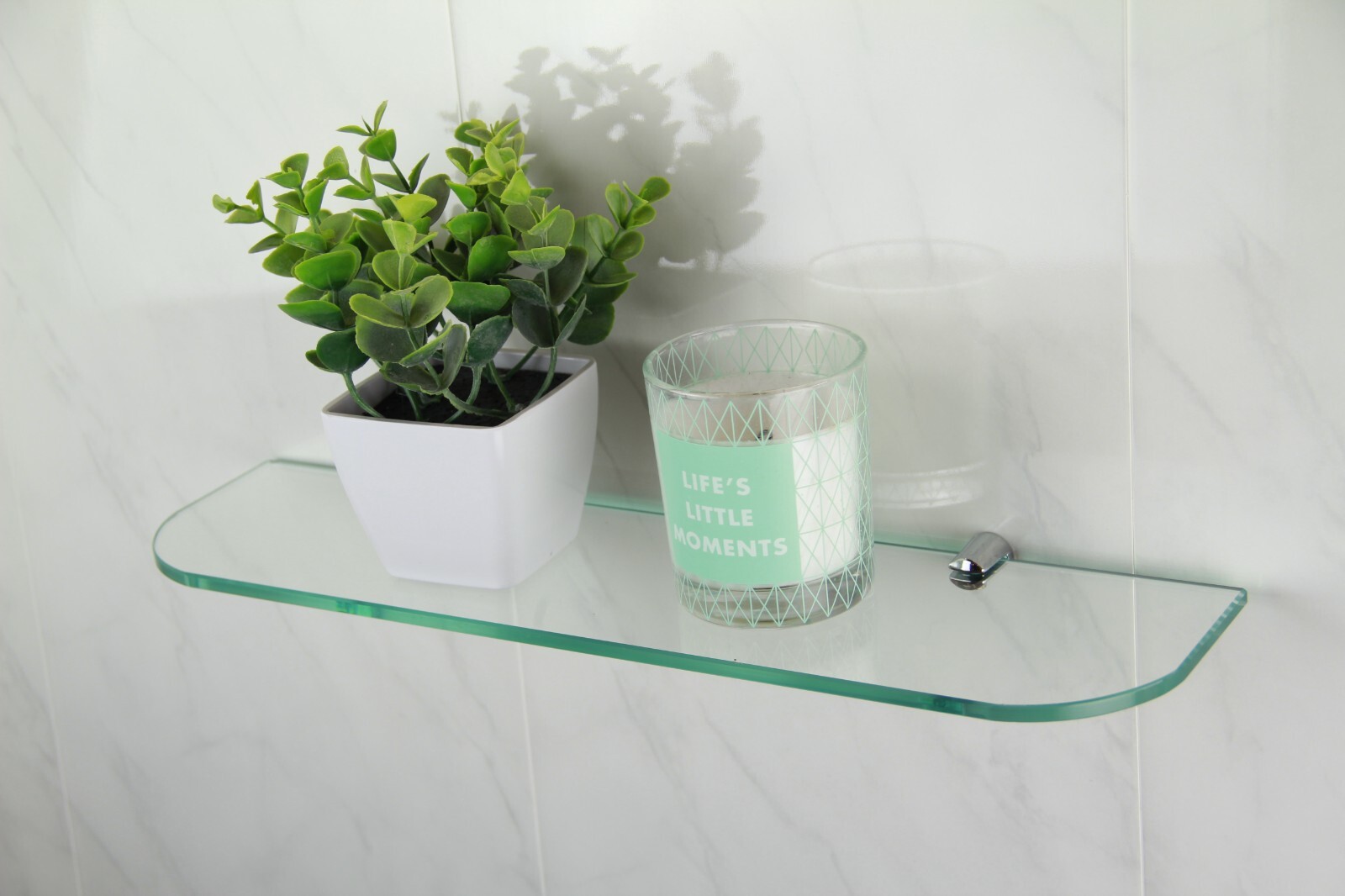 Bathroom Wall Mounted Clear Glass Shelf With Chrome Supports Curved