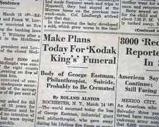 KODAK CAMERA Roll Film Inventor GEORGE EASTMAN SUICIDE Photography1932 Newspaper