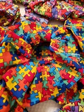 Autism Hair Scrunchie Tie Autistic Colorful Puzzle Pieces Hand Made Sewn USA Wow