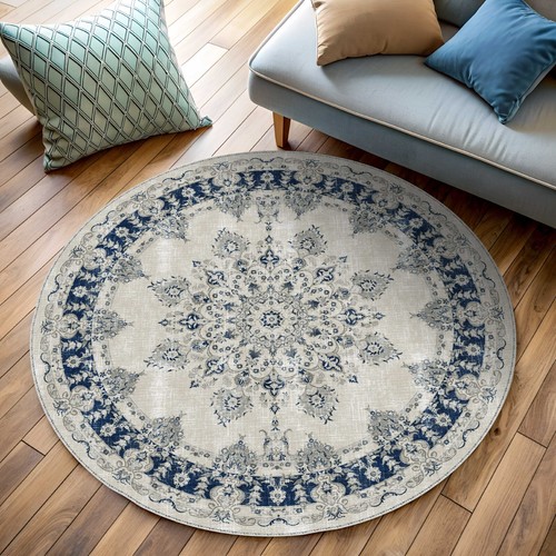 Round Turkish Oushak, Off White Navy Rug, Distressed Boho Floral, Medallion Area