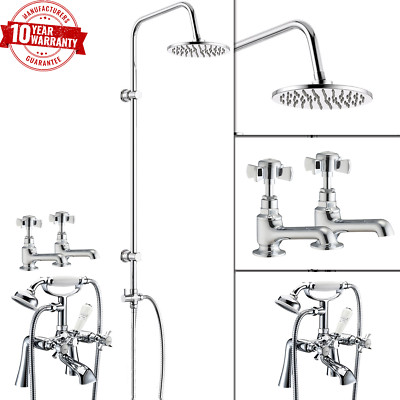 Traditionelles Bad Duschmixer mit 3-Wege Rund Starr Riser Kit & Waschbecken Wasserhähne Paar