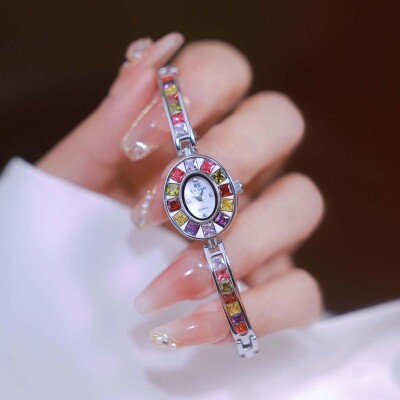 Rainbow Crystal Bracelet Band Women Watch Oval Colored Gems Women's Wrist Watch