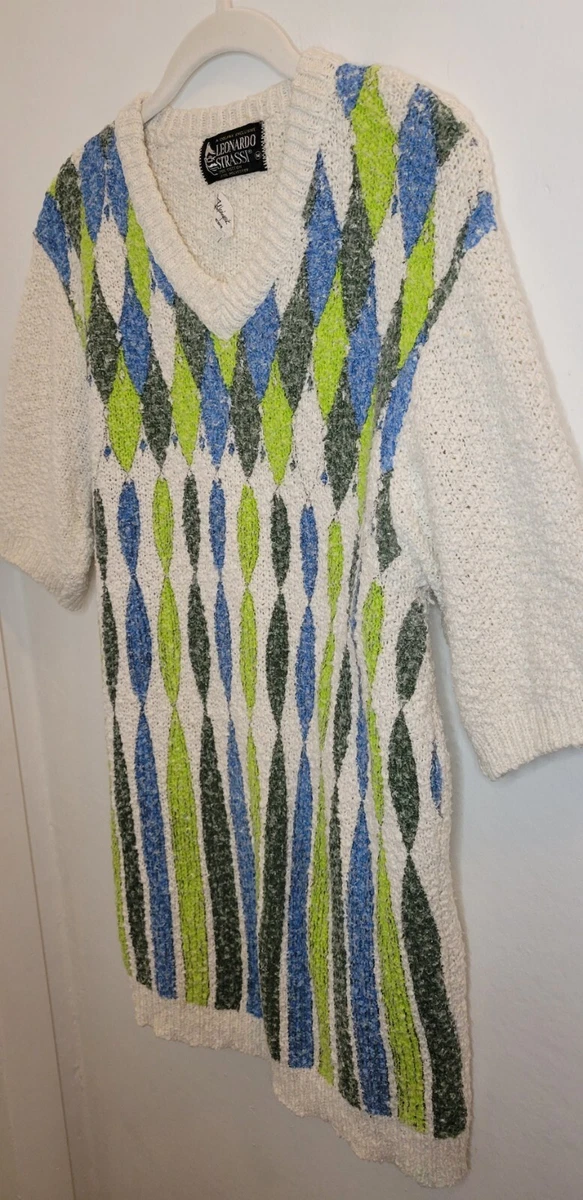 Vintage 60's Leonardo Strassi Sweater Mens Med Ivory Diamond Retro