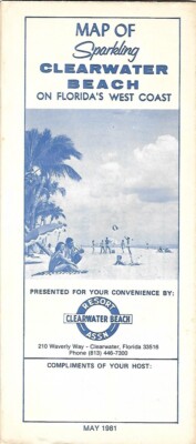 1981 Road Map CLEARWATER BEACH Florida Glass House Motel Churches Pier 60 Tampa
