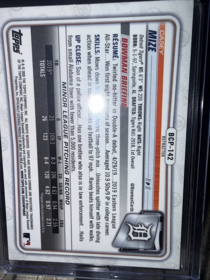 2020 Bowman Chrome Prospects Casey Mize Numbered To 499 Refactor - Image 2 of 2