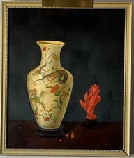 MILBIE BENGE ANTIQUE MODERN STILL LIFE VASE OIL PAINTING VINTAGE REALISM 1950s