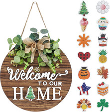 Interchangeable Welcome Sign for Front Door Round Wooden Seasonal Porch D cor
